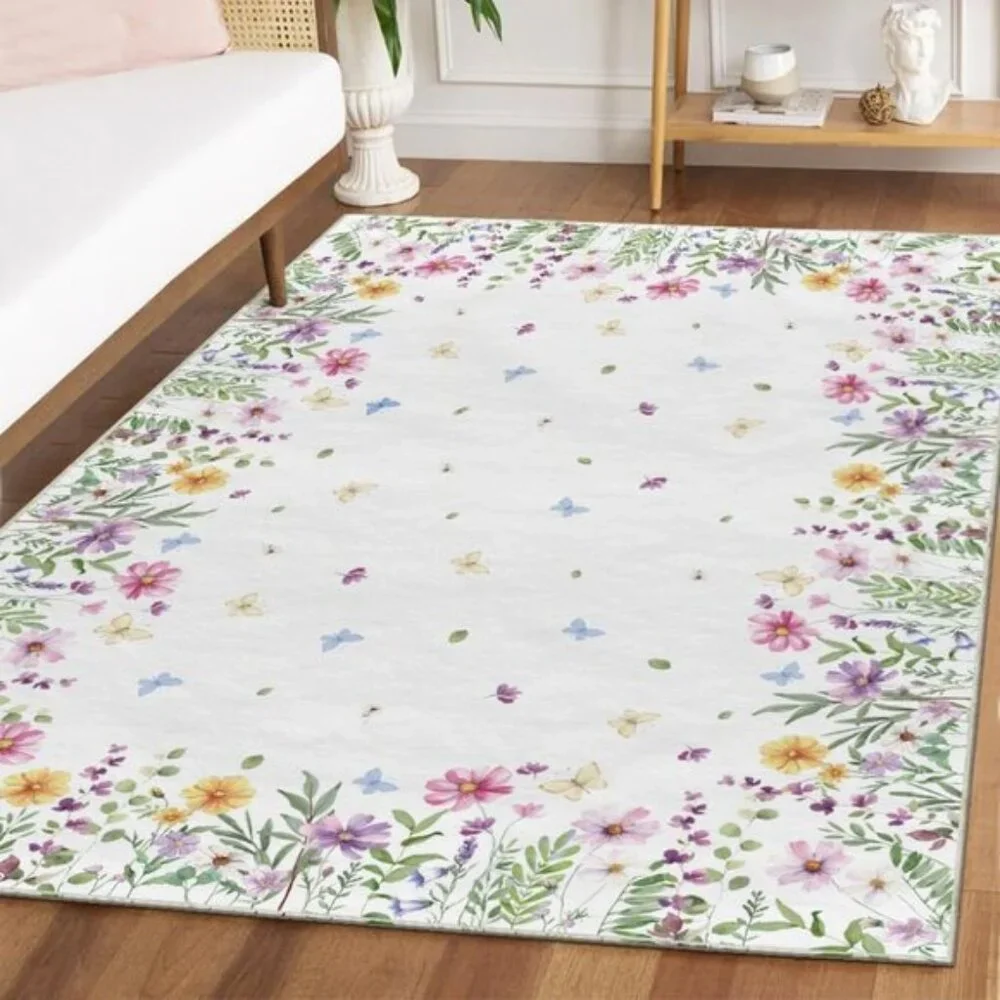 New 5x7 Spring Area Rug, Low-Profile Floral Butterfly Carpet for Entry & Bedroom